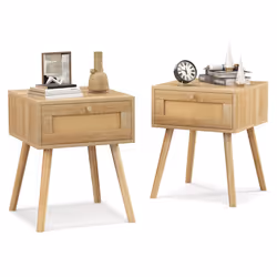 Set of 2 Nightstand Bedside Sofa Side Table w/Rattan Drawer & Wood Leg
