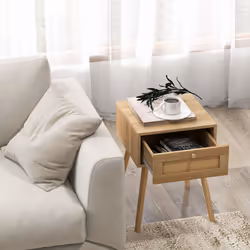 Set of 2 Nightstand Bedside Sofa Side Table w/Rattan Drawer & Wood Leg