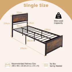 Industrial Single Bed Frame Metal Platform Bed w/Headboard Metal Slats