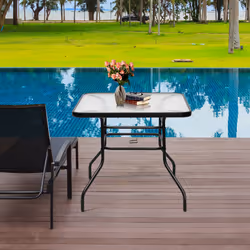 80cm Patio Table Rectangle Metal w/ Glass Top & Umbrella Hole
