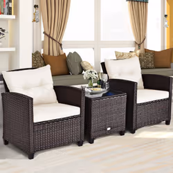 3 Piece Patio Rattan Sofa Chair Set w/ 1 Table & 4 Cushions