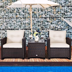 3 Piece Patio Rattan Sofa Chair Set w/ 1 Table & 4 Cushions