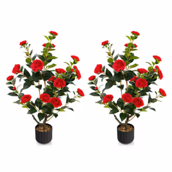 2PCS Red Artificial Camellia Trees in Cement Pot Free Maintenance