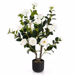 White Artificial Camellia Tree in Cement Pot Free Maintenance