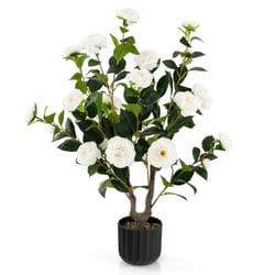 White Artificial Camellia Tree in Cement Pot Free Maintenance
