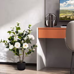 White Artificial Camellia Tree in Cement Pot Free Maintenance