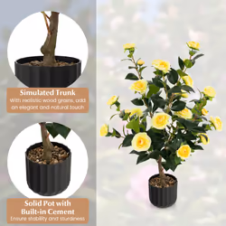 2PCS Yellow Artificial Camellia Trees in Cement Pot Free Maintenance