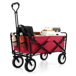 Folding Garden Cart Camping Wheelbarrow W/ Adjustable Handle & Drink Holder (Red)