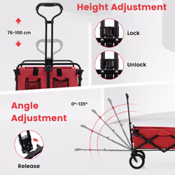 Folding Garden Cart Camping Wheelbarrow W/ Adjustable Handle & Drink Holder (Red)
