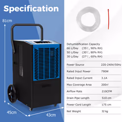 66 L/Day Commercial Dehumidifier w/ 24H Timer & 4 Wheels for Warehouse