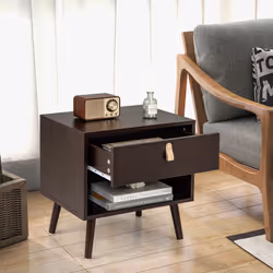Nightstand with Drawer Mid-Century End Table with Open Storage Shelf