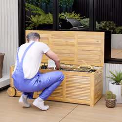 Outdoor Storage Box W/ Wheels Acacia Wooden Patio Storage Deck Box