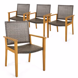 Patio Dining Chair Set of 4 Acacia Wood & PE Wicker Chairs w/ Armrests