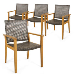 Patio Dining Chair Set of 4 Acacia Wood & PE Wicker Chairs w/ Armrests