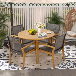 Patio Dining Chair Set of 4 Acacia Wood & PE Wicker Chairs w/ Armrests