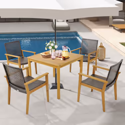 Patio Dining Chair Set of 4 Acacia Wood & PE Wicker Chairs w/ Armrests