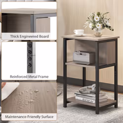 Nightstand 3-Tier End Table w/ Storage Shelf for Small Spaces