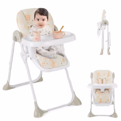 Baby High Chair Folding Dining Chair W/ Adjustable Tray & Wheels Beige