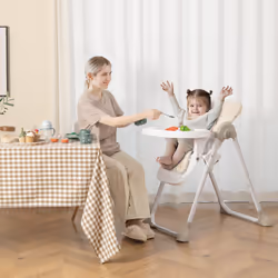 Baby High Chair Folding Dining Chair W/ Adjustable Tray & Wheels Beige