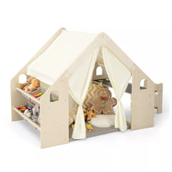 6-in-1 Kids Playhouse Wooden Indoor Play Tent with Blackboard & Desk