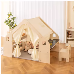 6-in-1 Kids Playhouse Wooden Indoor Play Tent with Blackboard & Desk