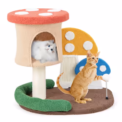 Mushroom Cat Tower 4-In-1 Wooden Cat Tree Activity Center Climbing Stand