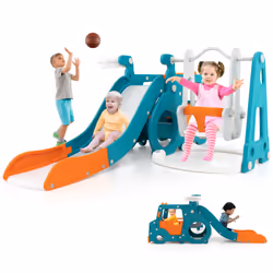 5-in-1 Kids Slide & Swing Playset w/ Basketball Hoop for 18 + Months