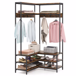 Corner Coat Rack L-shaped Clothes Rack with 7 Hooks & Shoe Bench