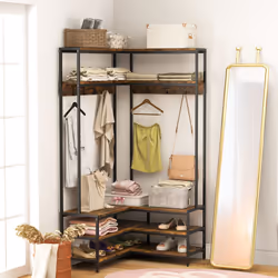 Corner Coat Rack L-shaped Clothes Rack with 7 Hooks & Shoe Bench