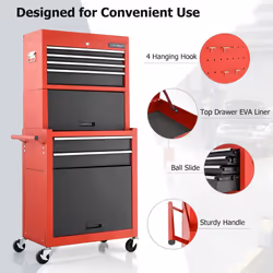 Rolling Tool Chest Combo Lockable Tool Cabinet Wheels Drawers-Red+White