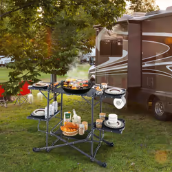 Camping Kitchen Table Folding Outdoor Cooking Station w/ 4 Side Tables
