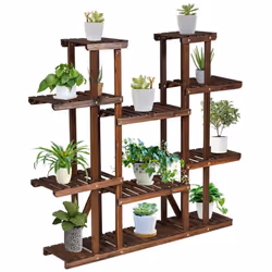 9 Tier Wood Plant Stand Carbonized Plants Display Rack Flower Shelf