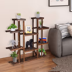 9 Tier Wood Plant Stand Carbonized Plants Display Rack Flower Shelf