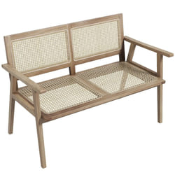 Wood Garden Bench 2-Person Patio Lounger Loveseat With Rattan Backrest & Seat
