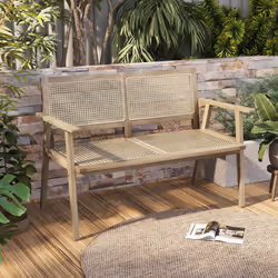 Wood Garden Bench 2-Person Patio Lounger Loveseat With Rattan Backrest & Seat