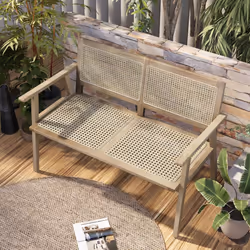 Wood Garden Bench 2-Person Patio Lounger Loveseat With Rattan Backrest & Seat