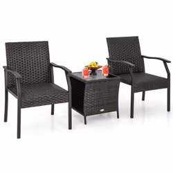 3 Piece Patio Wicker Chair Set Outdoor Rattan Conversation Set w/ Padded Seat