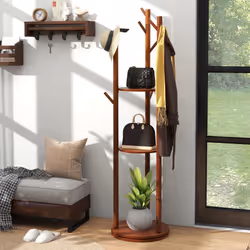360 Rotating Rotary Coat Rack Standing Wooden Coat Tree with 3 Shelves