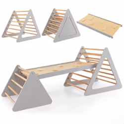 3 in 1 Toddler Climbing Toy Set Wooden Climber Log Bridge Activity Center-Grey