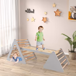 3 in 1 Toddler Climbing Toy Set Wooden Climber Log Bridge Activity Center-Grey