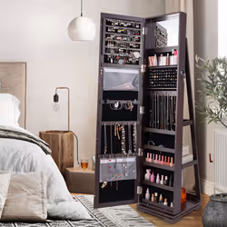 3-in-1 Jewelry Cabinet 360 Swivel Mirrored Jewelry Armoire-Coffee
