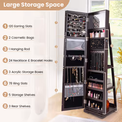 3-in-1 Jewelry Cabinet 360 Swivel Mirrored Jewelry Armoire-Coffee