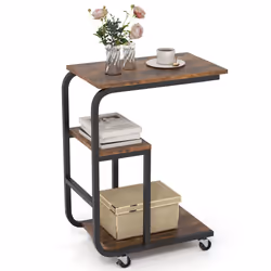 C-shaped End Table Space-saving Couch Table with Open Shelves-Coffee