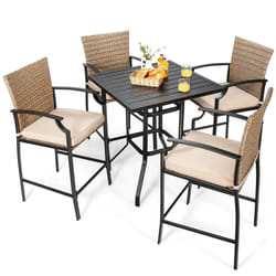 5 Pieces Outdoor Bar Stool Set Patio Rattan Bistro Set W/ 4 Chairs &1 Bar Table