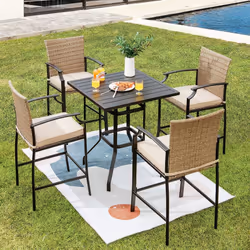 5 Pieces Outdoor Bar Stool Set Patio Rattan Bistro Set W/ 4 Chairs &1 Bar Table