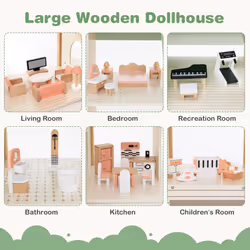 Kids Doll House Girls Wooden Dollhouse playset w/36 Pieces Accessories