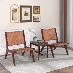 Set of 2 Modern Woven Leather Accent Chair Living Room Lounge Chair W/Wood Frame