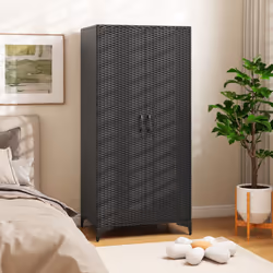 Wicker Wardrobe PE Rattan Wardrobe Armoire Closet w/ Hanging Rod-Black