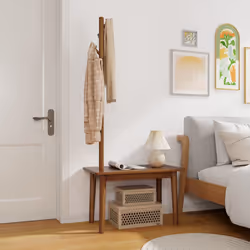 Solid Wood Coat Tree 2-in-1 Freestanding Hanger Stand End Table with Coat Rack