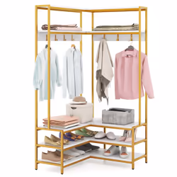 Corner Garment Rack L-shaped Clothes Rack w/ Open Shelves-White
